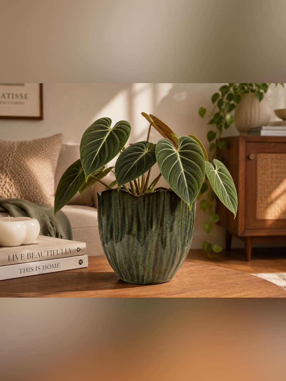 Fluted Green Glazed Ceramic Planter with Drainage Hole | 6 Inch Scalloped Flower